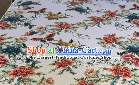 Asian Traditional Fabric Classical Butterfly Flowers Pattern White Brocade Chinese Satin Silk Material