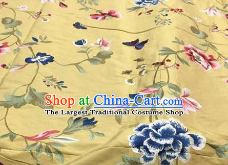 Asian Traditional Fabric Classical Embroidered Peony Butterfly Pattern Yellow Brocade Chinese Satin Silk Material