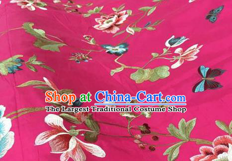 Asian Traditional Fabric Classical Embroidered Peony Butterfly Pattern Rosy Brocade Chinese Satin Silk Material