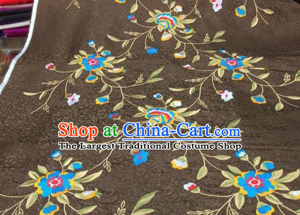 Asian Traditional Fabric Classical Embroidered Peony Flowers Pattern Brown Brocade Chinese Satin Silk Material