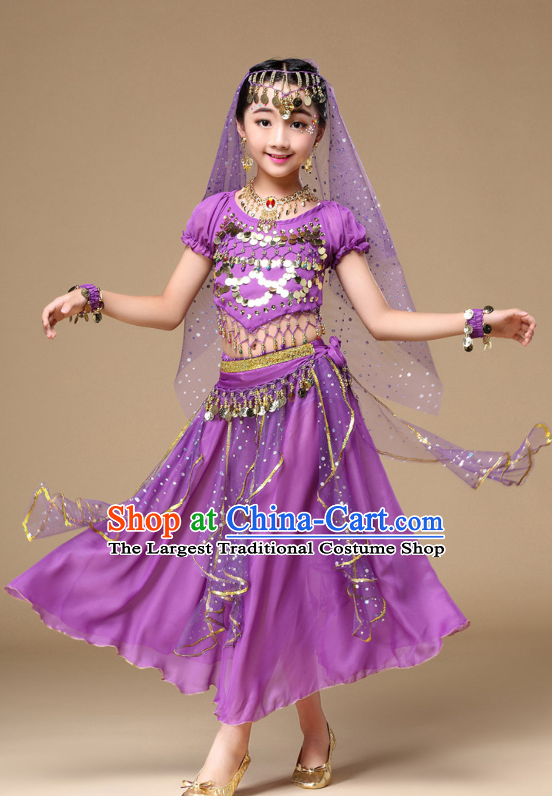 Purple Color Indian Traditional Belly Dancing Costumes Asian India Oriental Dance Costume Complete Set for Kids