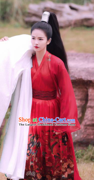 Chinese Drama Zhao Yao Female Castellan Traditional Costume Ancient Swordswoman Red Hanfu Dress for Women
