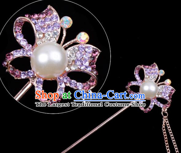Professional Chinese Traditional Beijing Opera Hair Accessories Ancient Princess Lilac Crystal Butterfly Hairpins for Women