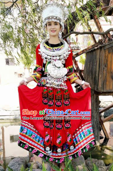 Chinese Traditional Ethnic Folk Dance Costume Miao Nationality Bride Wedding Red Embroidered Dress for Women