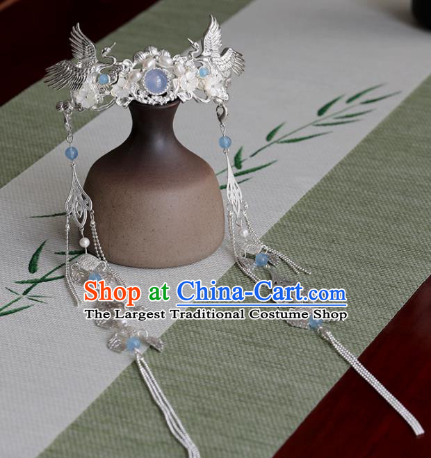 Chinese Traditional Hanfu Hair Accessories Ancient Princess Pearls Tassel Cranes Hair Crown Hairpins for Women