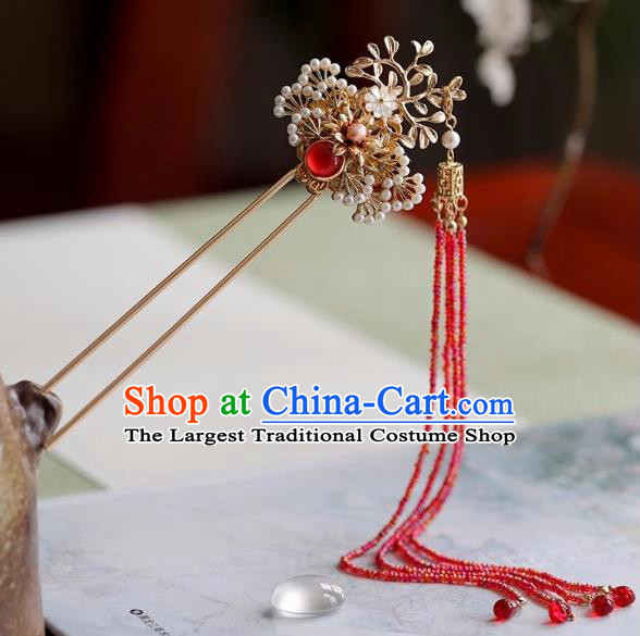 Chinese Traditional Hanfu Hair Accessories Ancient Princess Red Beads Tassel Pine Hairpins for Women