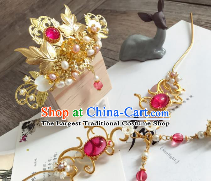 Chinese Ancient Princess Pearls Golden Hair Crown Hairpins Traditional Hanfu Hair Accessories for Women