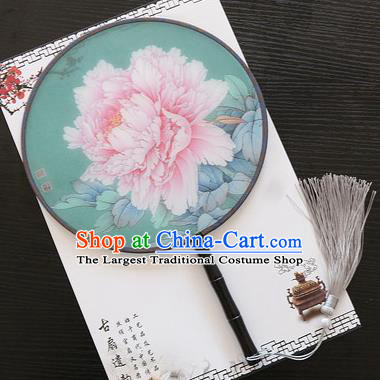 Chinese Traditional Palace Fans Ancient Princess Printing Peony Green Round Fans for Women