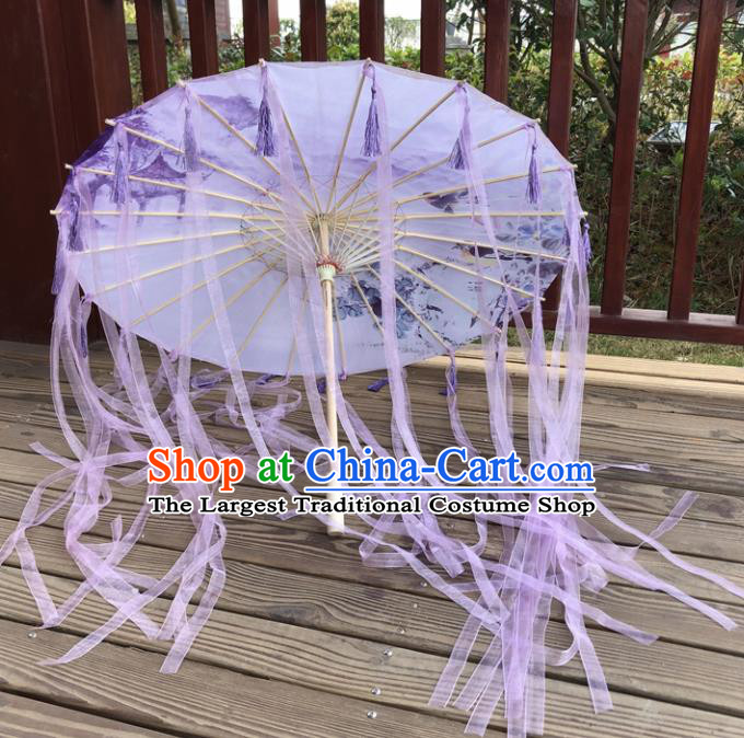 Chinese Ancient Drama Prop Printing Umbrella Traditional Handmade Purple Ribbon Umbrellas