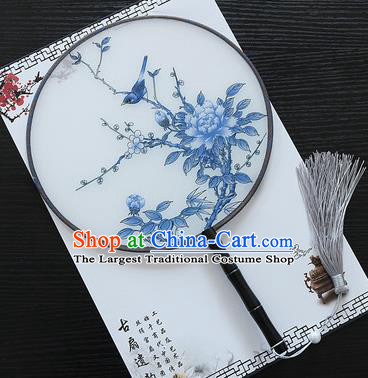 Chinese Traditional Palace Fans Ancient Princess Printing Blue Peony Round Fans for Women