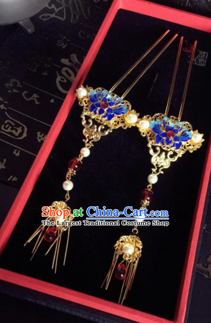 Chinese Ancient Princess Tassel Blueing Hairpins Traditional Hanfu Hair Accessories for Women