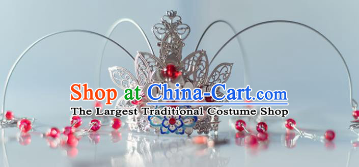 Chinese Ancient Princess Red Beads Tassel Phoenix Coronet Hairpins Traditional Hanfu Hair Accessories for Women