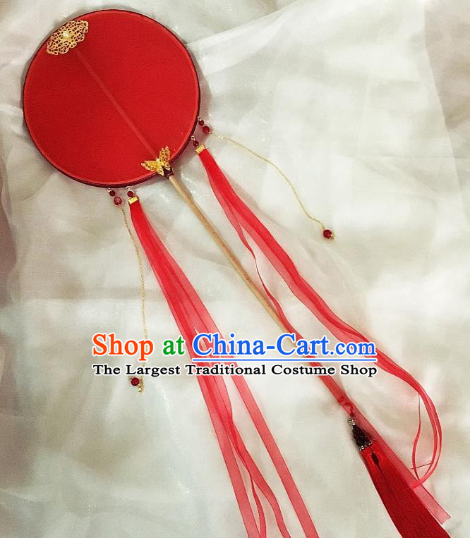 Chinese Traditional Palace Fans Ancient Princess Hanfu Red Ribbon Tassel Round Fans for Women