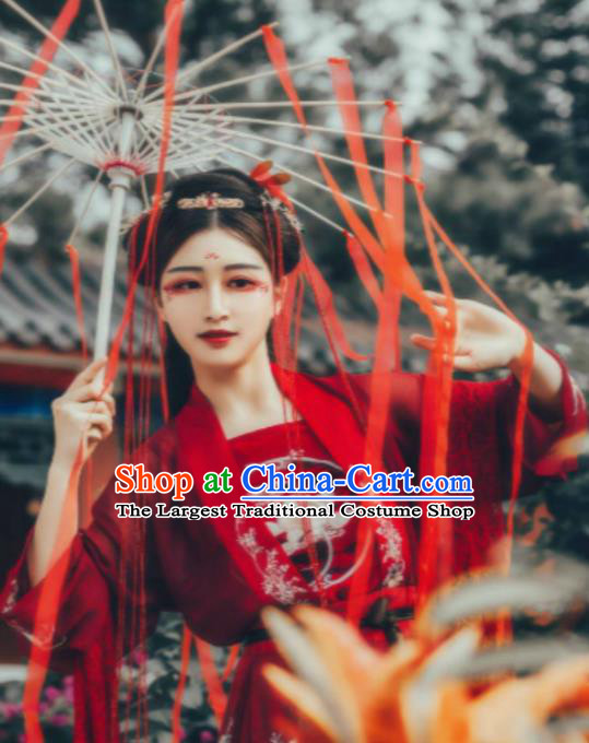 Chinese Ancient Princess Red Ribbon Umbrella Traditional Handmade Umbrellas for Women