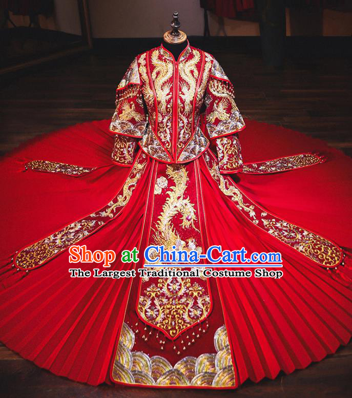 Chinese Traditional Bride Red Xiuhe Suit Ancient Wedding Embroidered Diamante Phoenix Dress for Women
