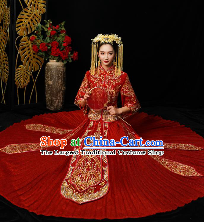 Chinese Traditional Bride Diamante Xiuhe Suit Ancient Wedding Red Embroidered Dress for Women