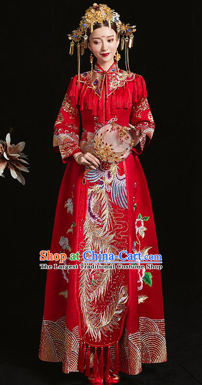 Chinese Traditional Bride Red Xiuhe Suit Ancient Wedding Embroidered Phoenix Peony Dress for Women