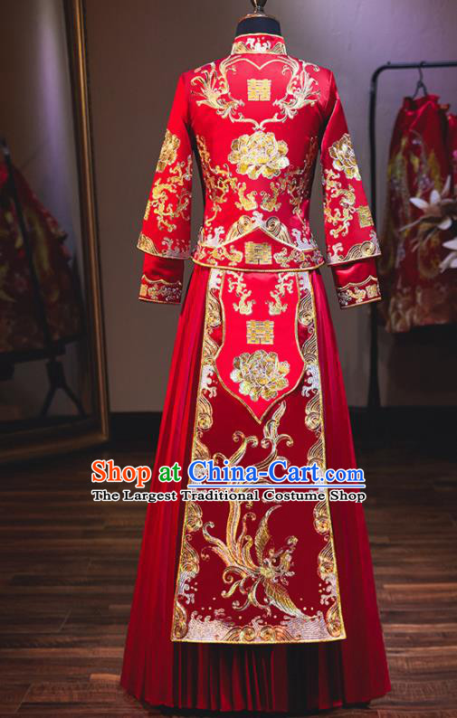 Chinese Traditional Bride Costume Red Xiuhe Suit Ancient Wedding Embroidered Phoenix Peony Dress for Women
