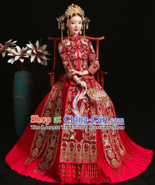 Chinese Traditional Bride Diamante Costume Embroidered Phoenix Peony Xiuhe Suit Ancient Wedding Dress for Women