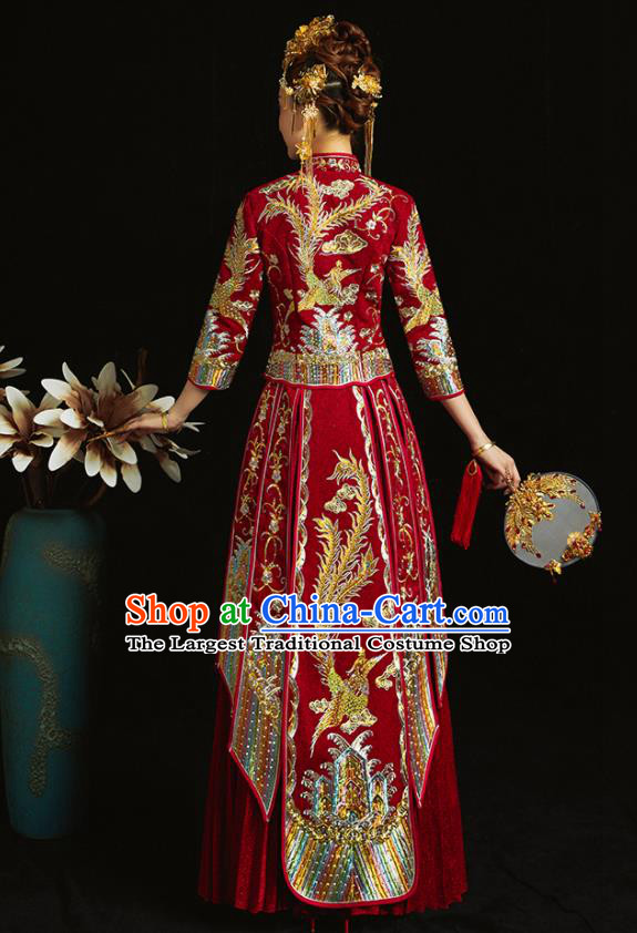 Chinese Traditional Bride Diamante Costume Embroidered Phoenix Xiuhe Suit Ancient Wedding Dress for Women