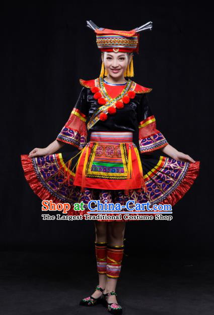 Chinese Traditional Yao Nationality Embroidered Pleated Skirt Ethnic Folk Dance Costume for Women