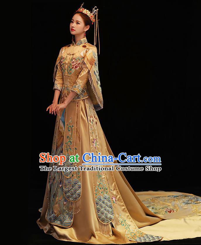 Chinese Traditional Bride Costume Golden Xiuhe Suit Ancient Wedding Embroidered Trailing Dress for Women