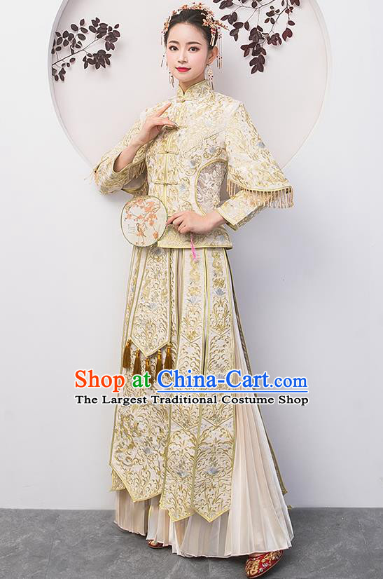 Chinese Traditional Bride Costume White Xiuhe Suit Ancient Wedding Embroidered Dress for Women