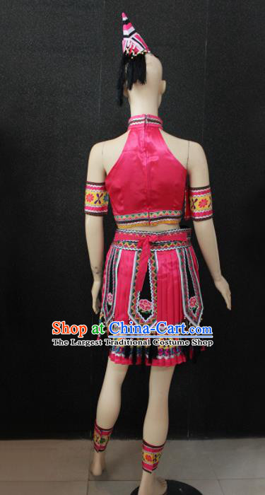 Chinese Traditional Yao Nationality Pink Dress Ethnic Folk Dance Costume for Women