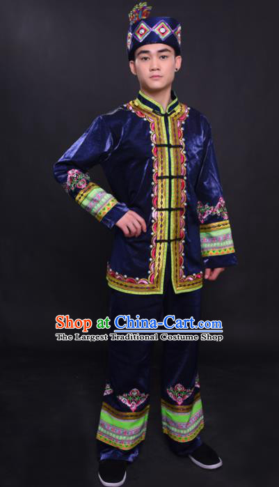 Chinese Traditional Ethnic Navy Costume Mulao Nationality Festival Folk Dance Clothing for Men