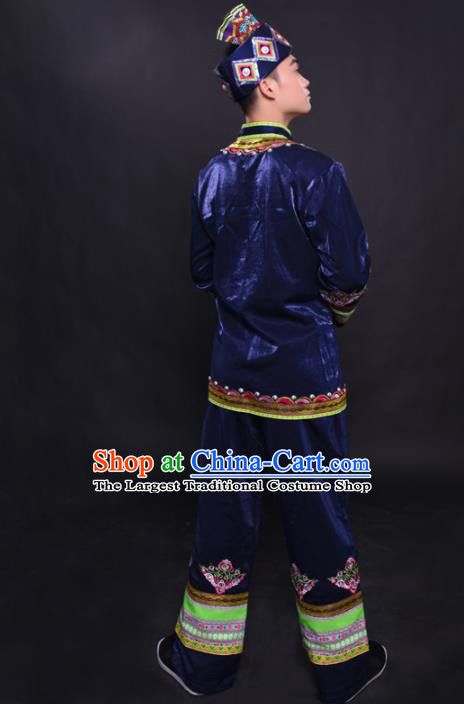 Chinese Traditional Ethnic Navy Costume Mulao Nationality Festival Folk Dance Clothing for Men