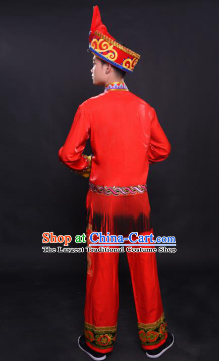 Chinese Traditional Ethnic Bridegroom Red Costume Zhuang Nationality Festival Folk Dance Clothing for Men