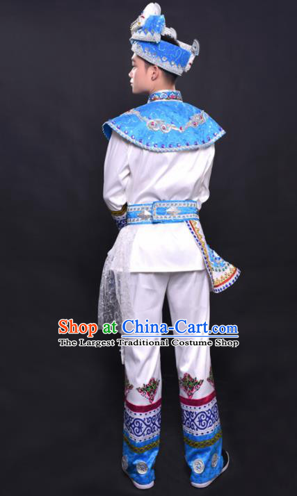 Chinese Traditional Ethnic Prince White Costume Zhuang Nationality Festival Folk Dance Clothing for Men