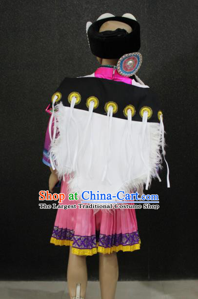 Chinese Traditional Naxi Nationality Embroidered Rosy Dress Ethnic Folk Dance Costume for Women