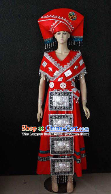 Chinese Traditional Zhuang Nationality Wedding Red Dress Ethnic Bride Folk Dance Costume for Women