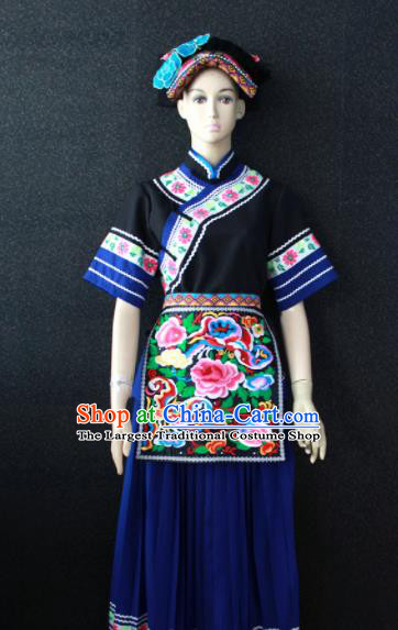 Chinese Traditional Buyei Nationality Navy Dress Ethnic Bride Folk Dance Costume for Women