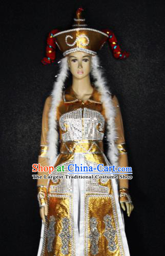Chinese Traditional Mongols Nationality Princess Golden Dress Ethnic Bride Folk Dance Costume for Women