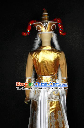 Chinese Traditional Mongols Nationality Princess Golden Dress Ethnic Bride Folk Dance Costume for Women
