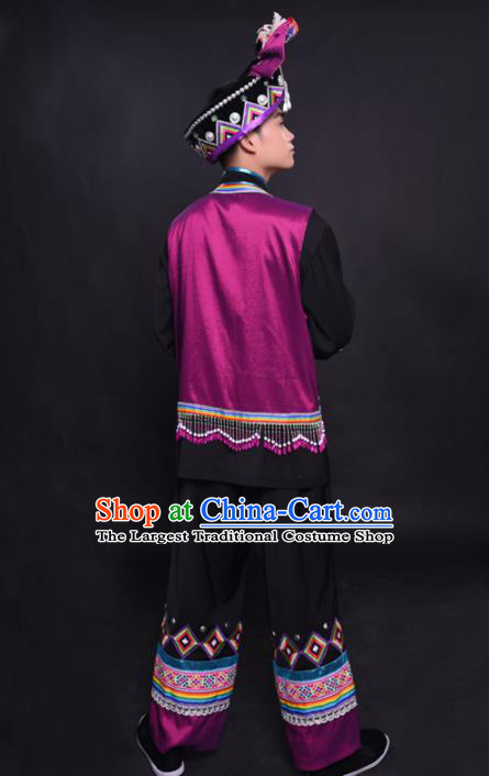 Chinese Traditional Ethnic Purple Costume Yao Nationality Festival Folk Dance Clothing for Men