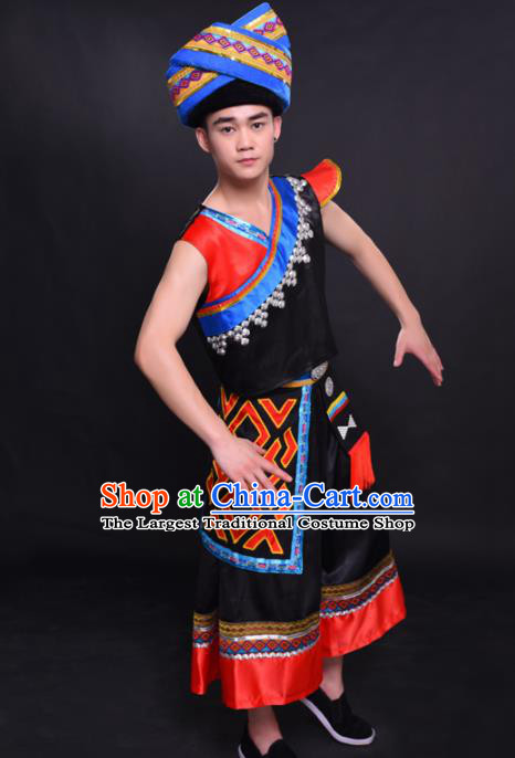 Chinese Traditional Ethnic Black Costume Zhuang Nationality Festival Folk Dance Clothing for Men
