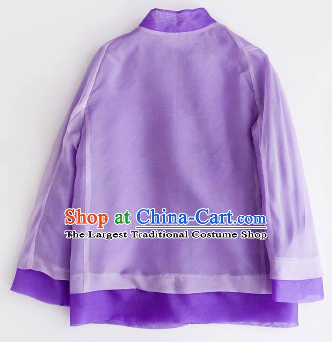 Chinese Traditional National Costume Tang Suit Embroidered Purple Organza Jacket Upper Outer Garment for Women