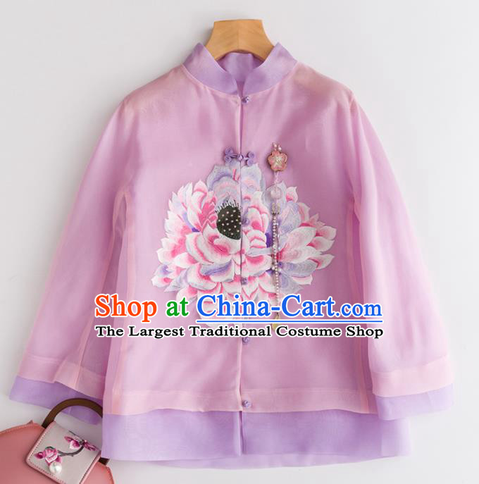 Chinese Traditional National Costume Tang Suit Embroidered Pink Organza Jacket Upper Outer Garment for Women