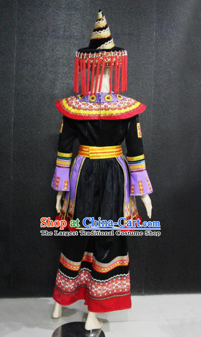 Chinese Traditional Yao Nationality Black Dress Ethnic Folk Dance Costume for Women