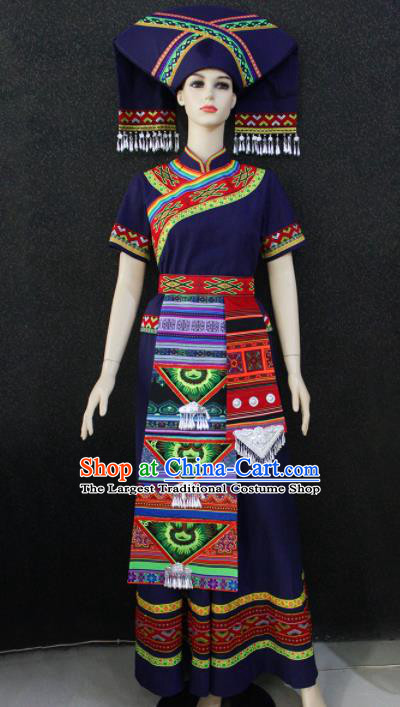 Chinese Traditional Zhuang Nationality Navy Blue Dress Ethnic Folk Dance Costume for Women