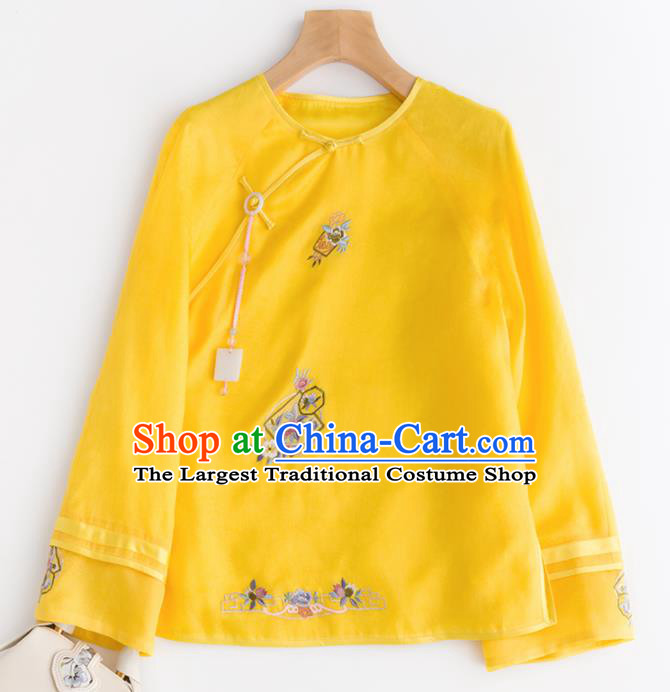 Chinese Traditional National Costume Tang Suit Embroidered Yellow Blouse Upper Outer Garment for Women