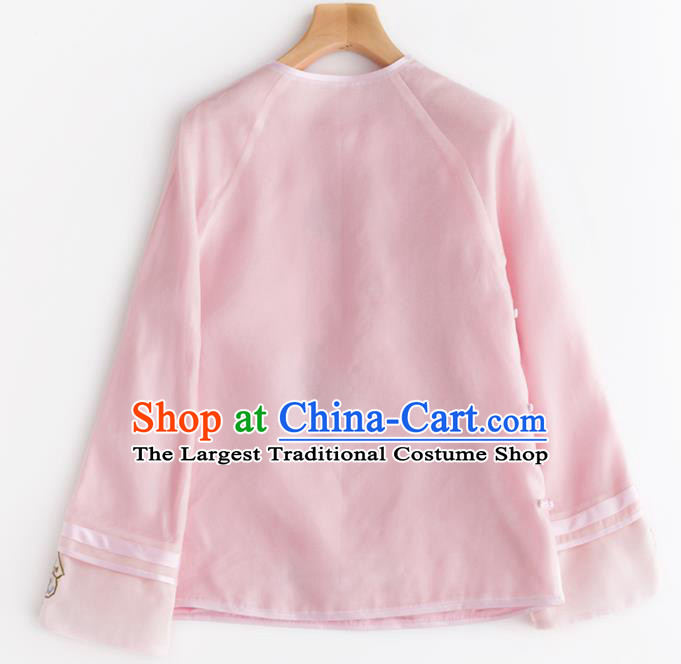 Chinese Traditional National Costume Tang Suit Embroidered Pink Blouse Upper Outer Garment for Women