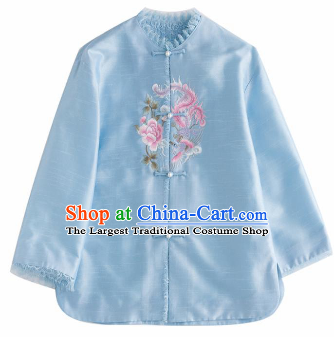 Chinese Traditional National Costume Tang Suit Upper Outer Garment Embroidered Blue Jacket for Women
