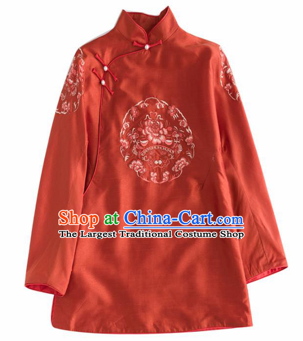 Chinese Traditional National Costume Tang Suit Upper Outer Garment Embroidered Red Blouse for Women