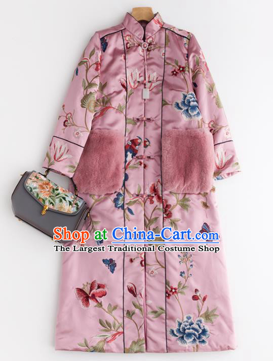 Chinese Traditional National Winter Costume Tang Suit Upper Outer Garment Embroidered Pink Coat for Women