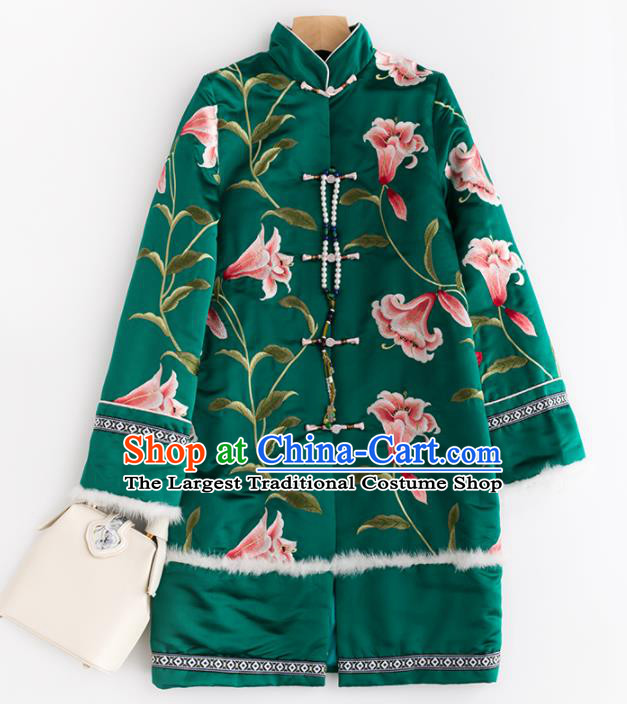 Chinese Traditional National Winter Costume Tang Suit Upper Outer Garment Embroidered Green Cotton Padded Coat for Women