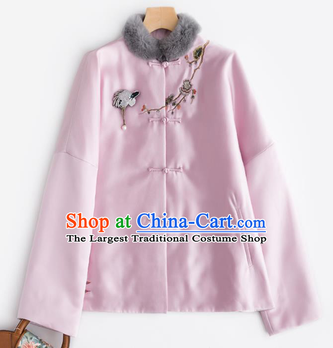 Chinese Traditional Tang Suit Pink Cotton Wadded Jacket National Costume Upper Outer Garment for Women